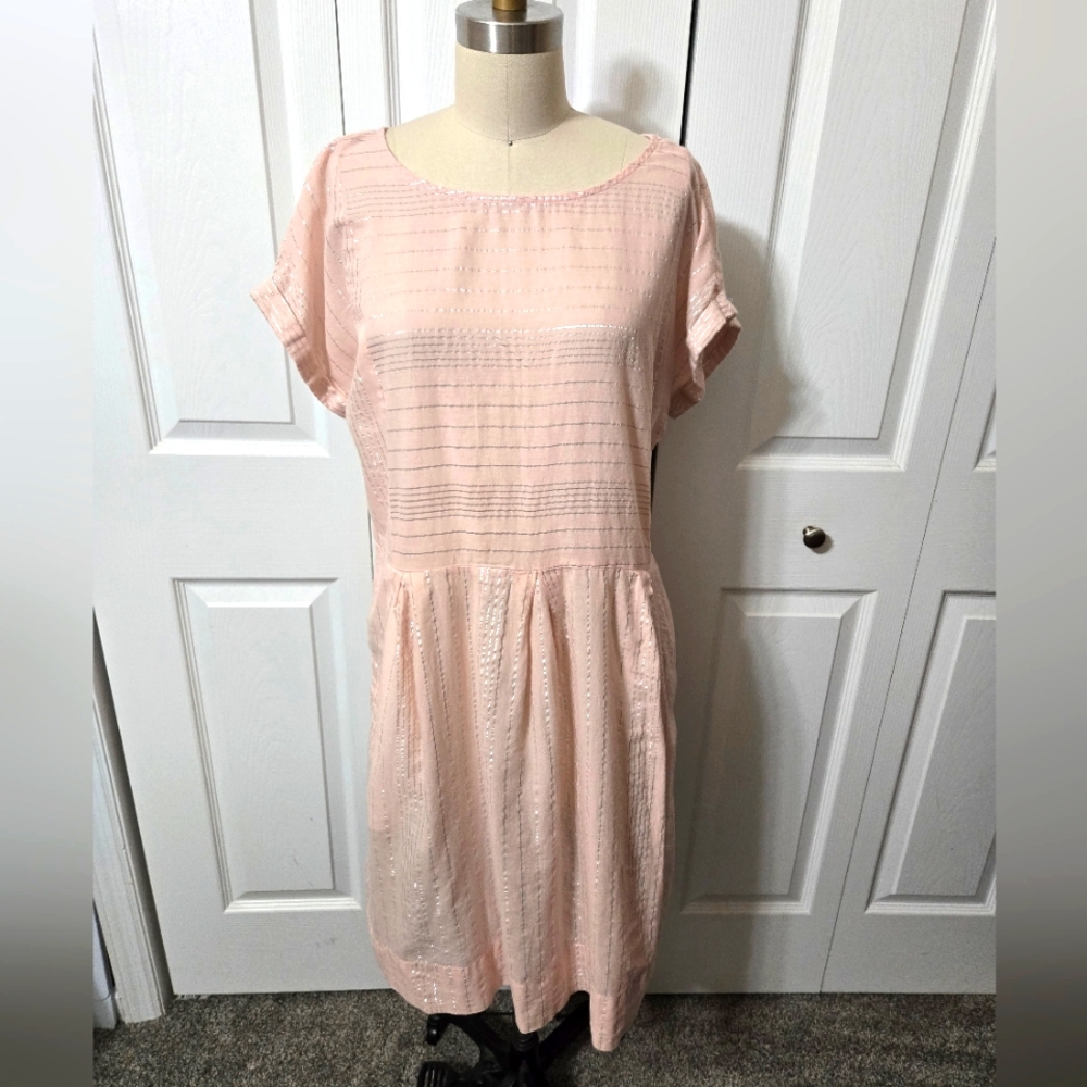 Payton & Parker Pink Dress W/Metallic Silver Stripe Details & Pockets,Large, EUC